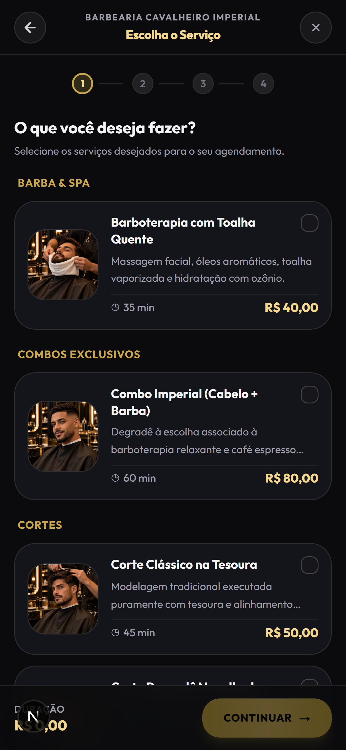 Tela mobile de agendamento online da barbearia com catálogo de serviços e fotos reais